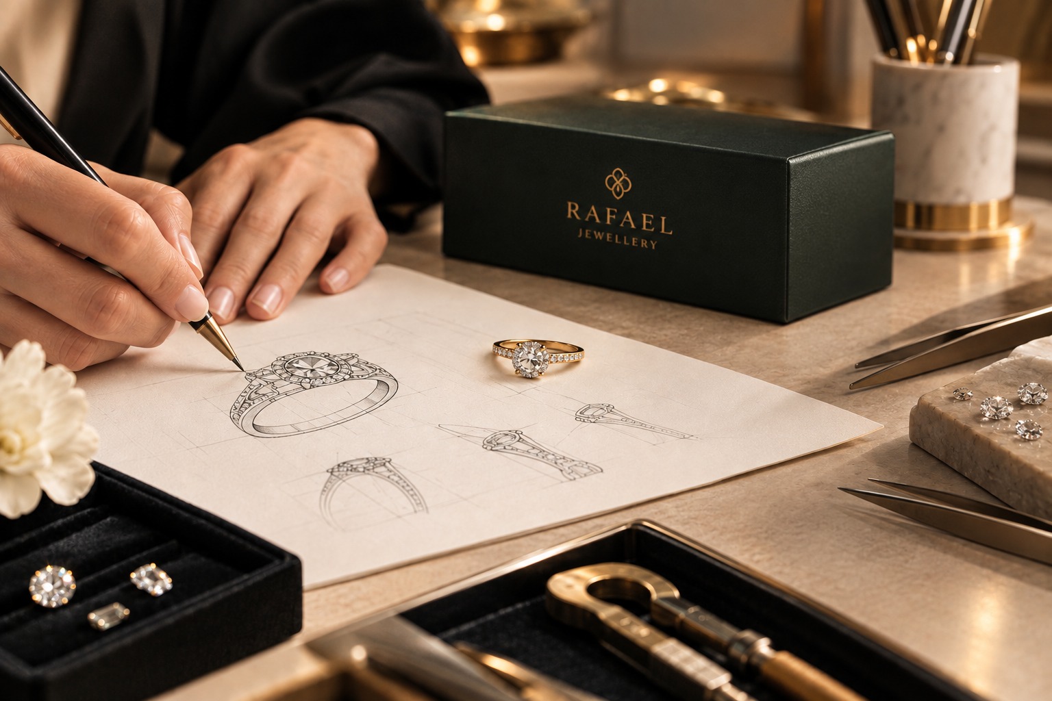 Custom diamond jewellery by Rafael Jewellery, from sketch to finished piece