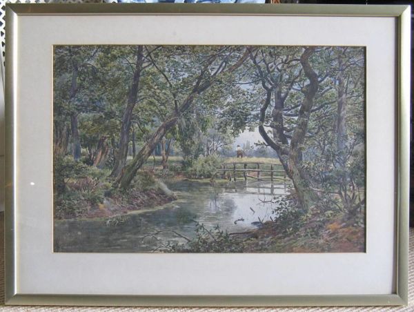 Original Watercolour, Tree-lined Riverscape With Harvester By John Macpherson