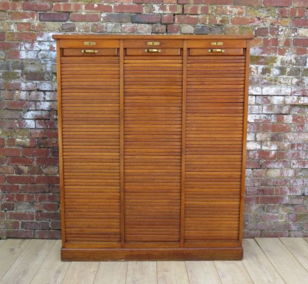 Industrial Oak Triple Tambour Front Cabinet
