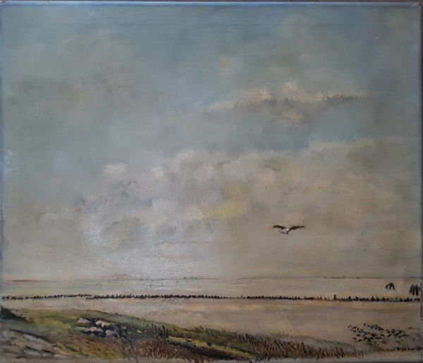 Oil On Canvas By Dirk Nyland "a Seascape With A Seagull In A Cloudy Sky"