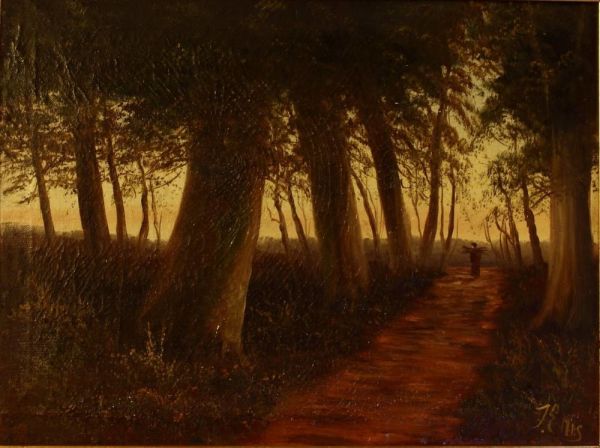 Oil On Canvas "collecting Firewood"