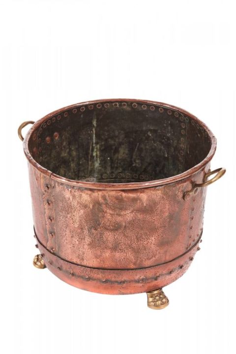 Large Round Antique Copper Log Bin