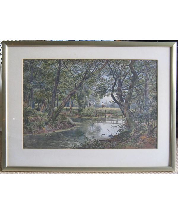 Original Watercolour, Tree-lined Riverscape With Harvester By John Macpherson