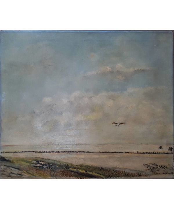 Oil On Canvas By Dirk Nyland "a Seascape With A Seagull In A Cloudy Sky"