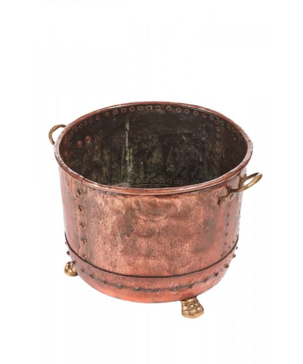 Large Round Antique Copper Log Bin