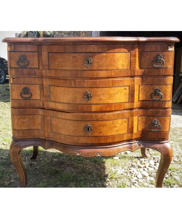 19th Century German Inlaid Walnut Serpentine Front Chest Of 3 Drawers
