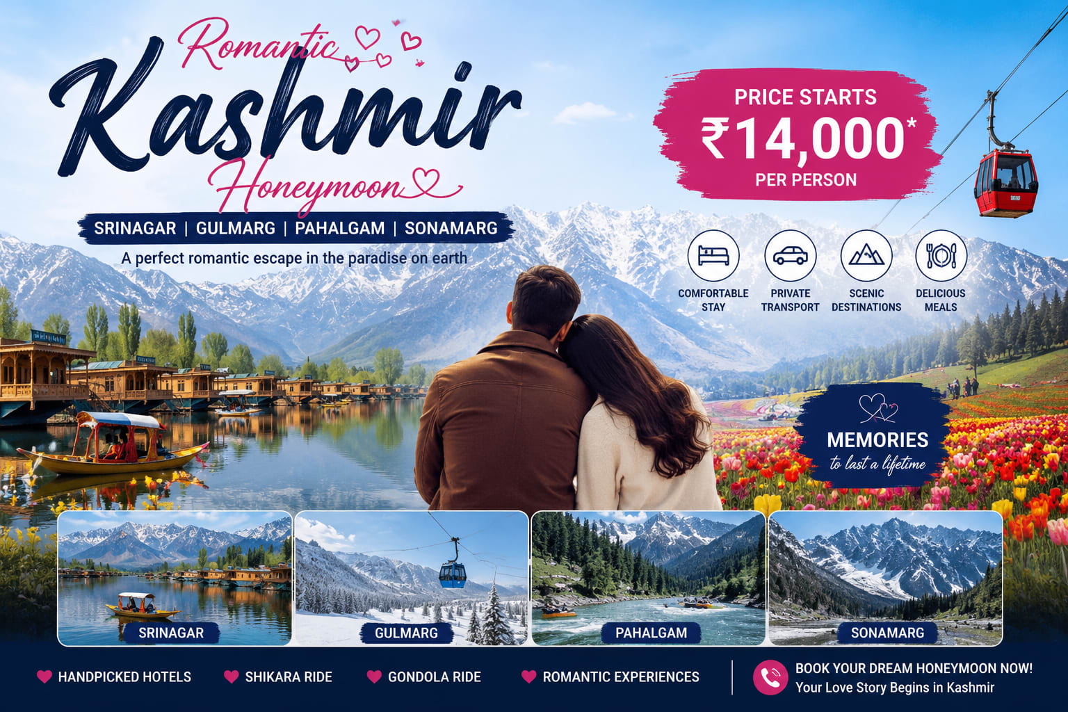 Romantic Kashmir Honeymoon – Srinagar, Gulmarg, Pahalgam & Sonamarg (4N/5D) 💕
