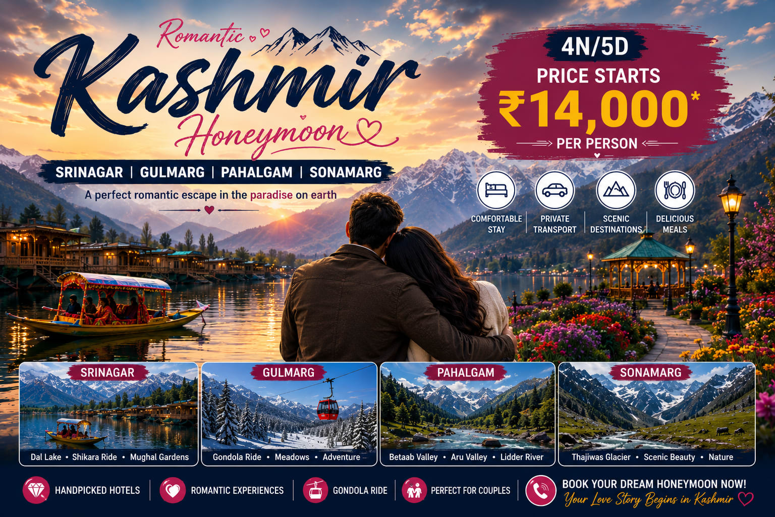 Romantic Kashmir Honeymoon – Srinagar, Gulmarg, Pahalgam & Sonamarg (4N/5D) 💕