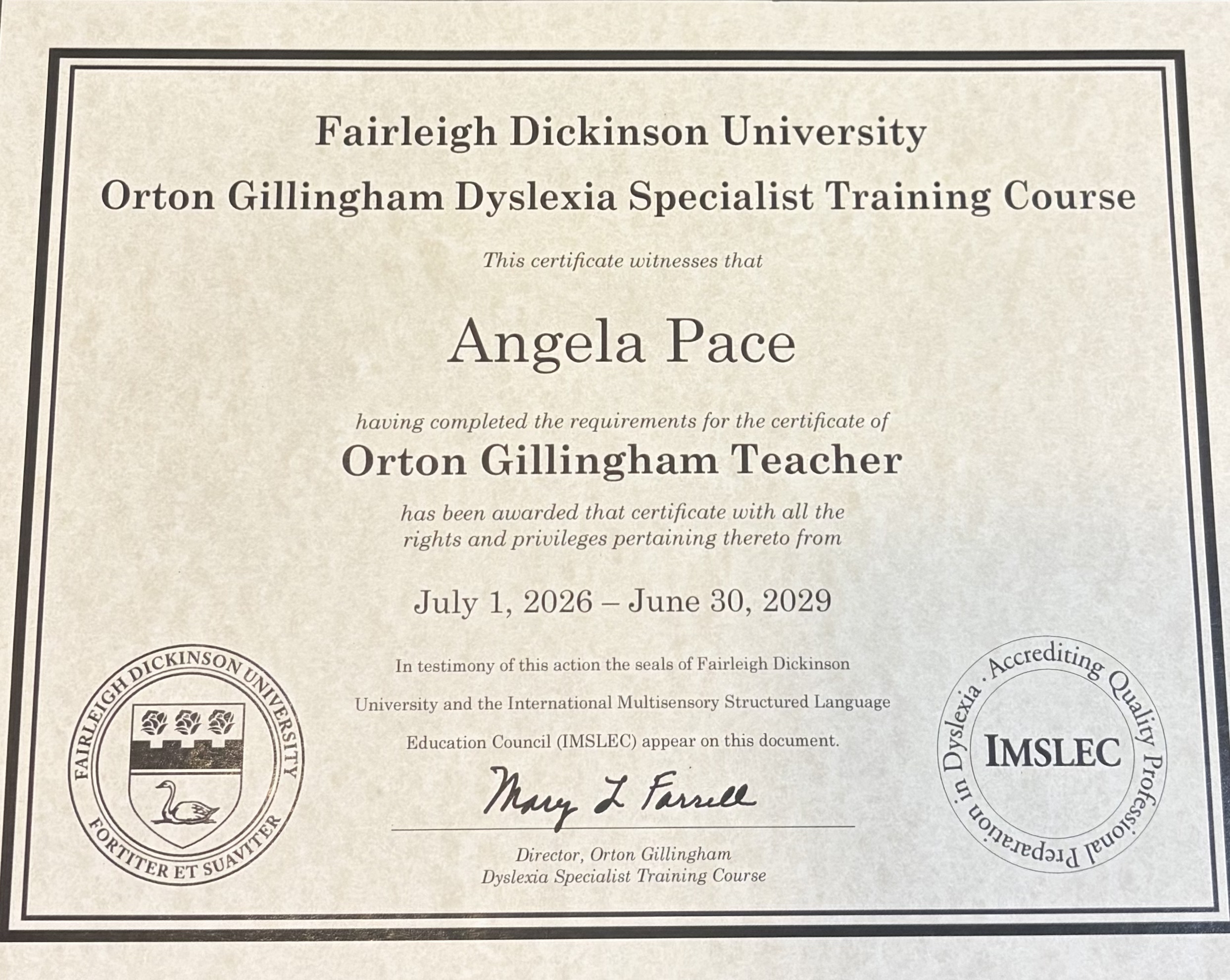 Angela Pace Certificate