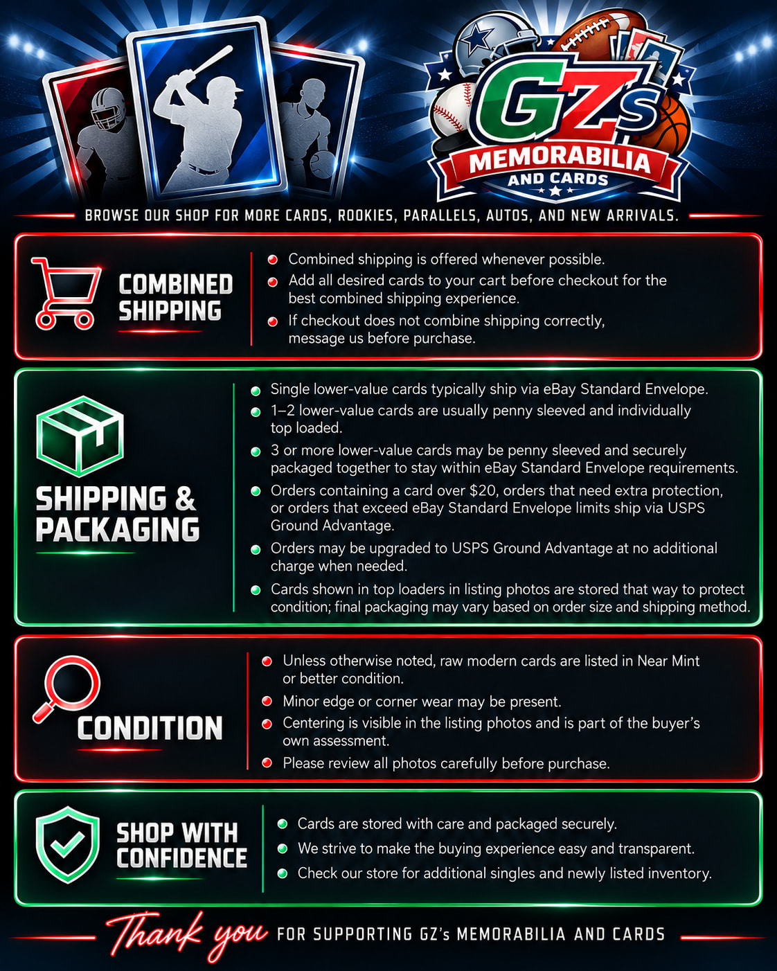 GZ's Memorabilia and Cards - Shipping, Packaging and Condition Information