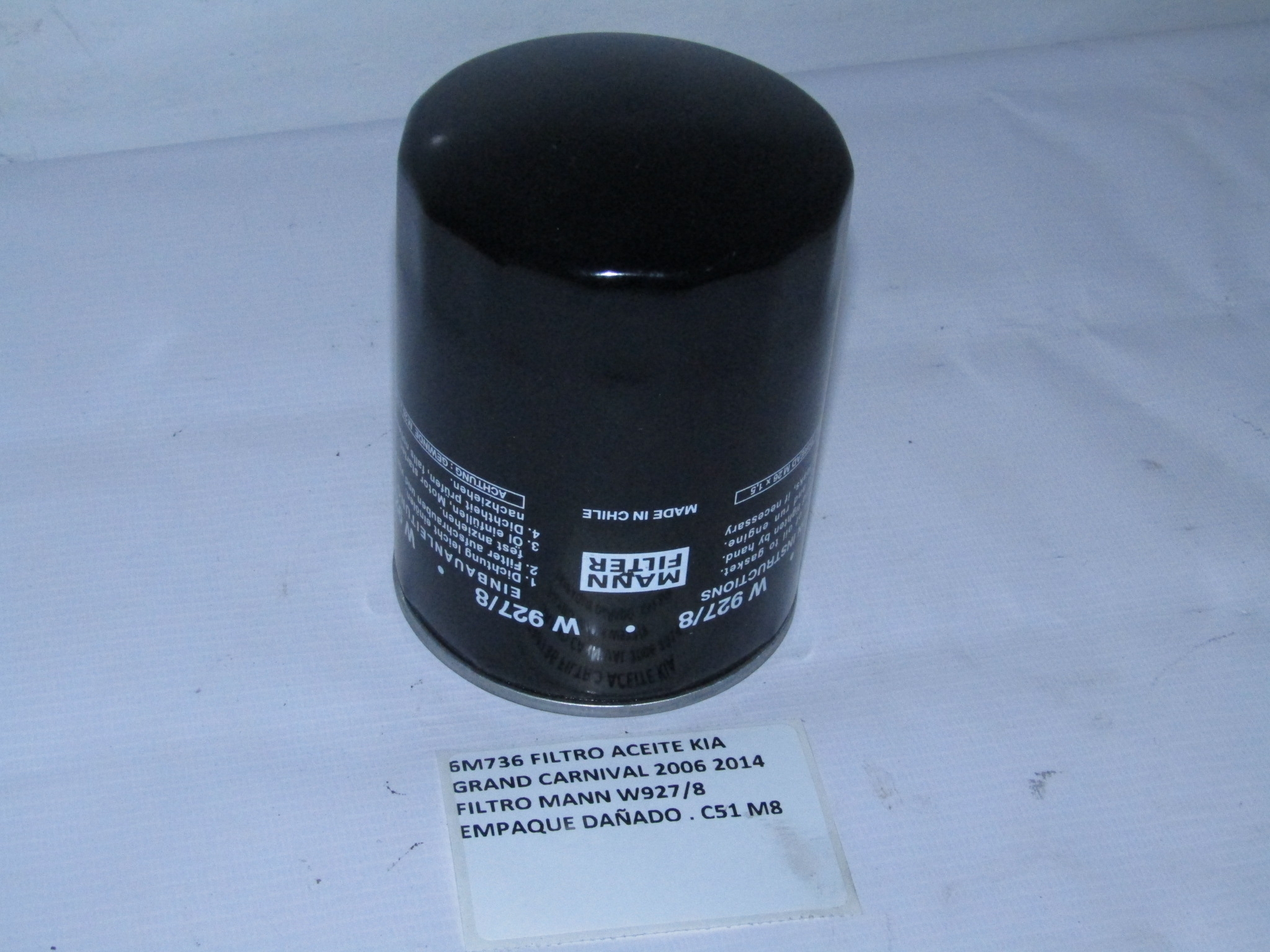 Filtro Aceite Kia Grand Carnival 2006/14 Filtro Mann W927/8