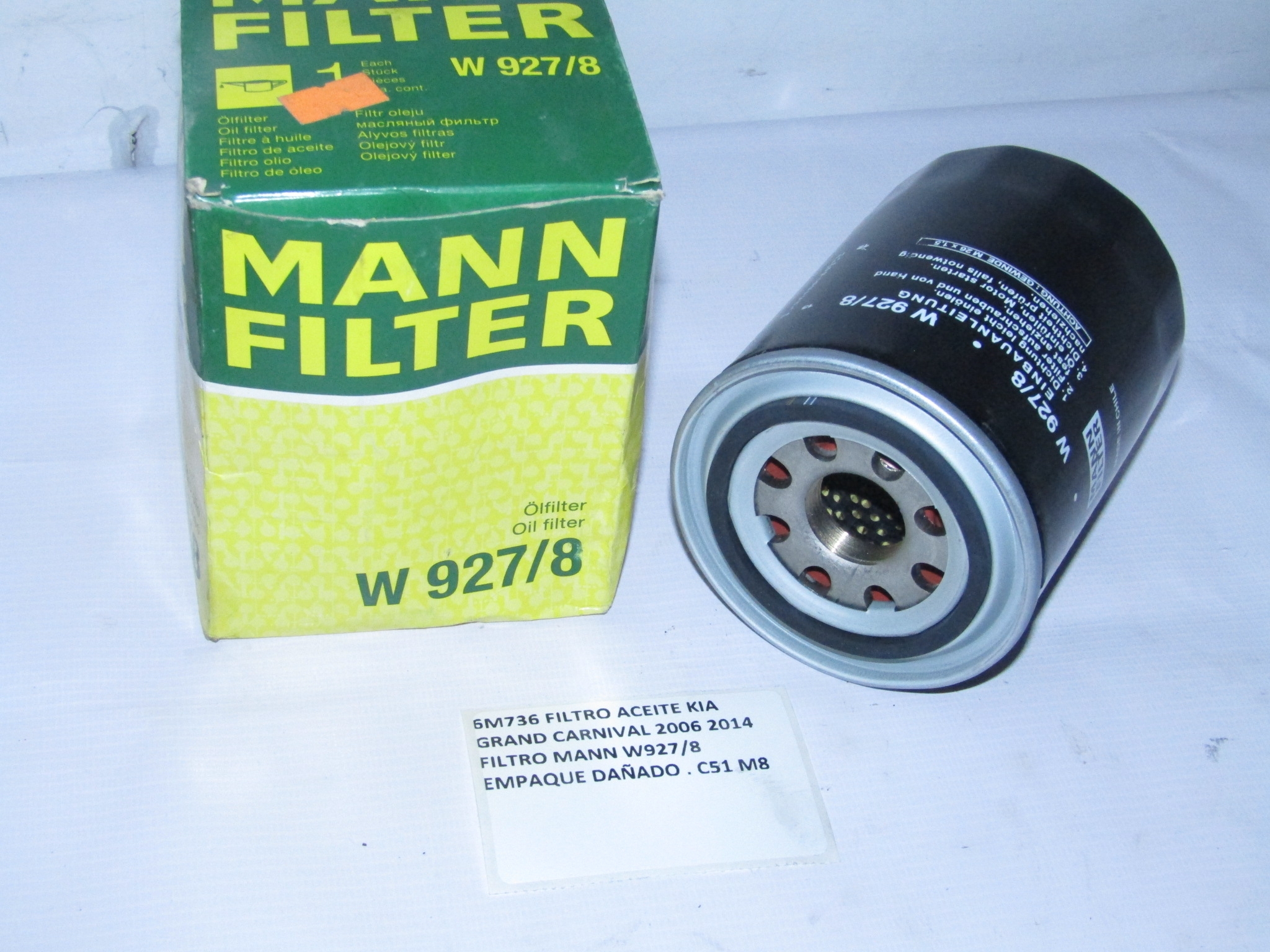 Filtro Aceite Kia Grand Carnival 2006/14 Filtro Mann W927/8 - foto 3