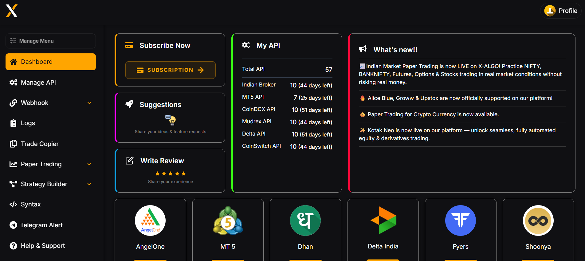 XAlgos Angel One SmartAPI trade automation dashboard