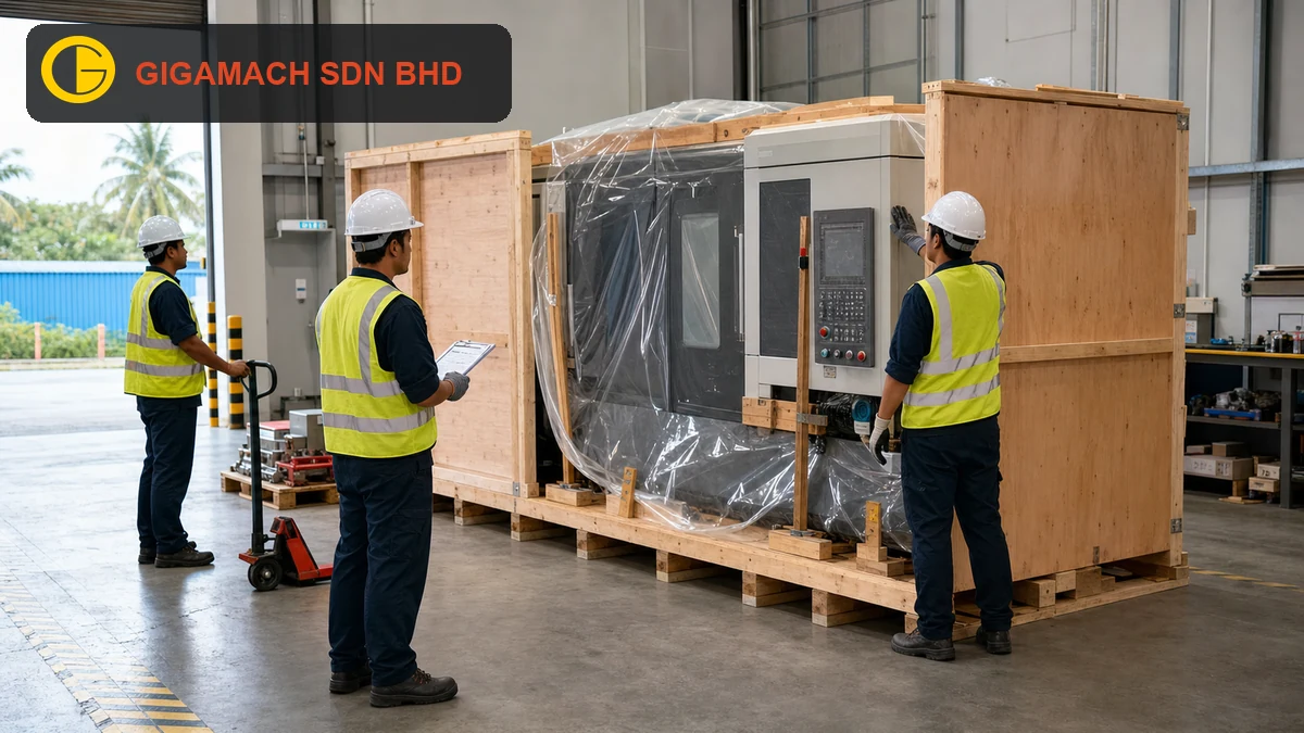 Heavy industrial machinery being safely prepared for transport with rated lifting equipment, secure packing, PPE, and controlled access.