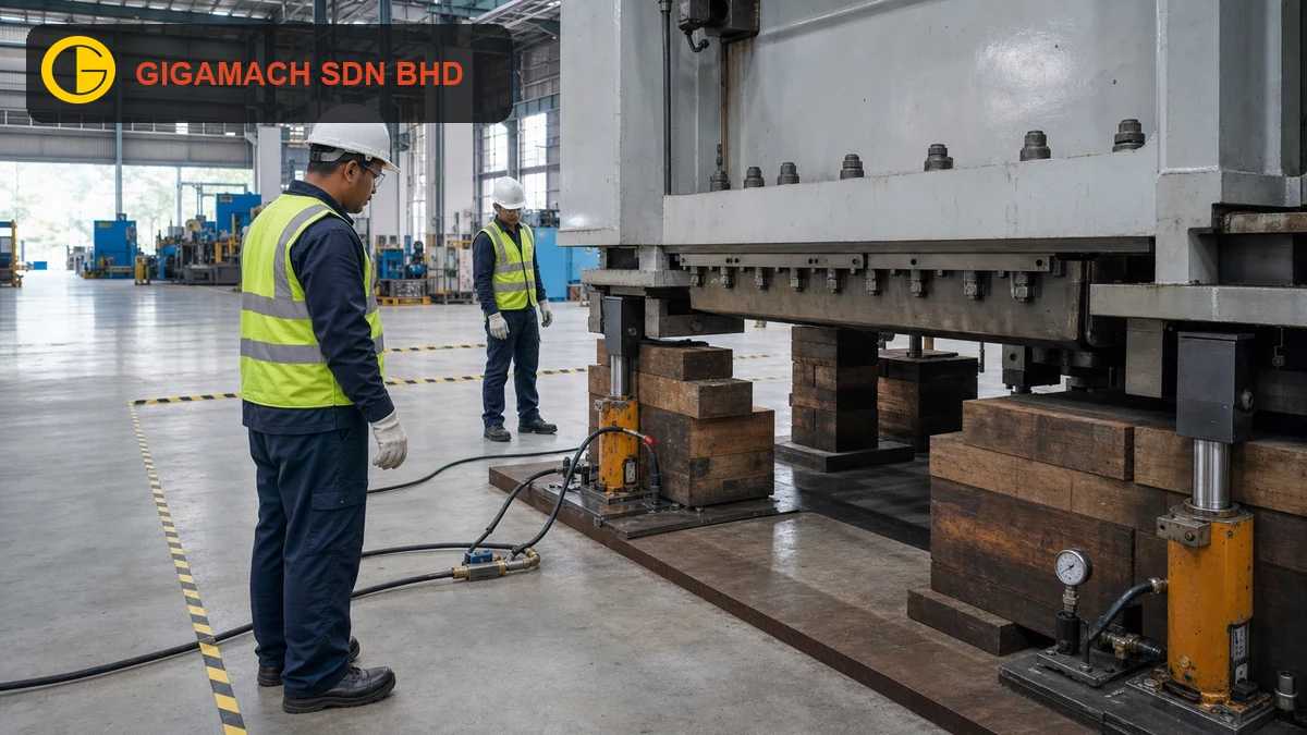 Industrial heavy lifting operation with rated rigging, stable support, PPE-equipped workers, and a controlled exclusion zone for safety education.