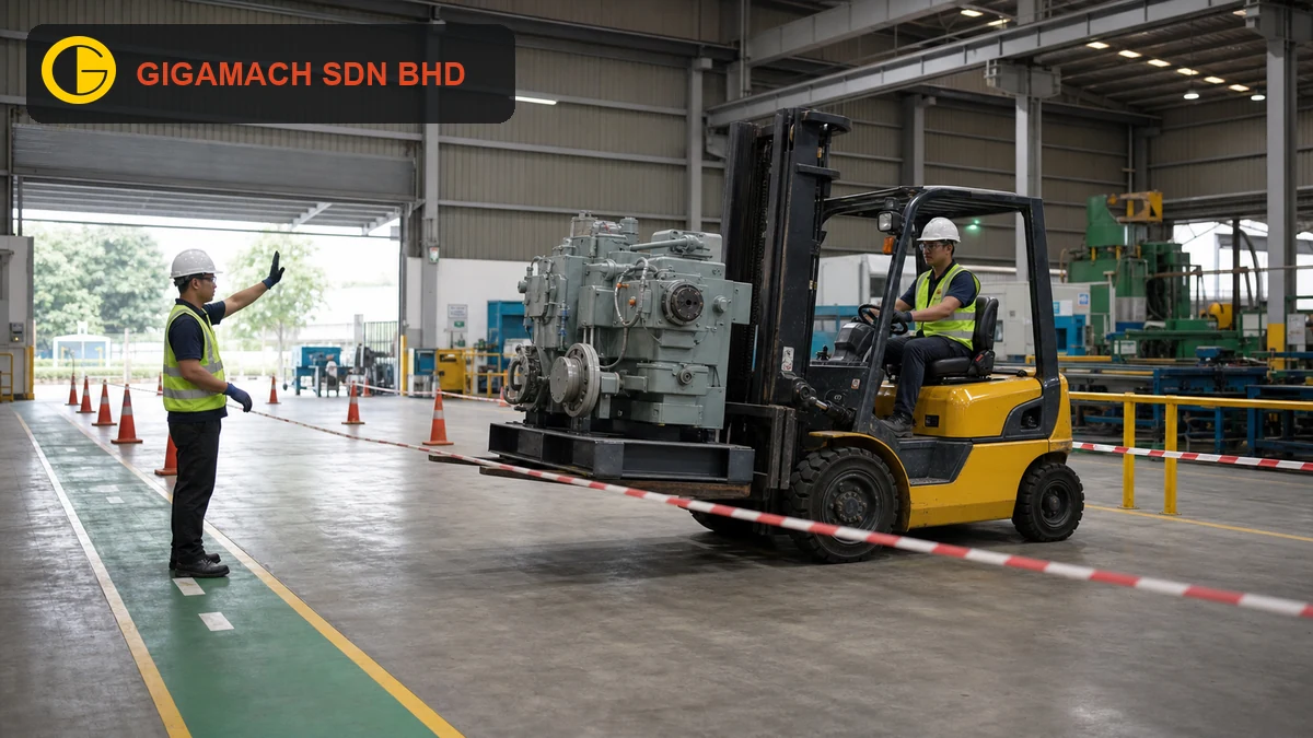 Forklift carrying a secured industrial machine low on both forks, with a PPE-equipped operator, a spotter, a marked travel lane, and a pedestrian exclusion zone for load-control safety education.