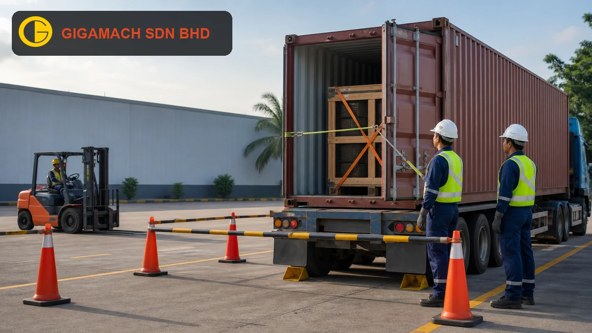 Shipping container secured on a chocked trailer with a restrained machinery crate, PPE-equipped workers outside the door swing, an exclusion zone, and a waiting forklift for container unstuffing safety education.