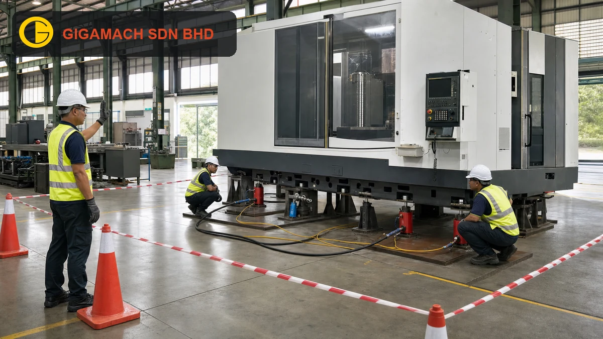 Large CNC machine raised a few centimetres on hydraulic jacks and steel support stands, with load-spreading plates, PPE-equipped workers, and a marked exclusion zone for hydraulic jacking safety education.