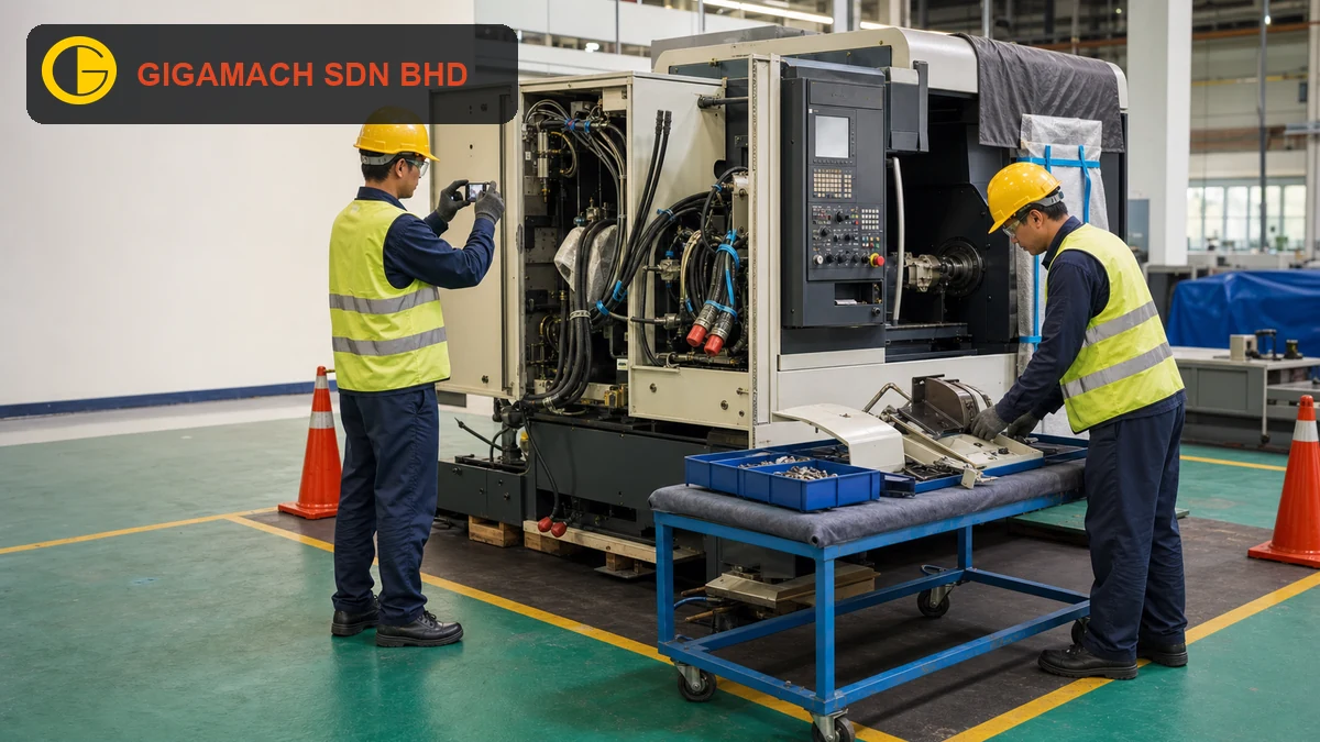 Powered-down CNC machine with open service panels, capped hoses, protected components on a padded trolley, and PPE-equipped technicians documenting connections for safe dismantling and reassembly planning.
