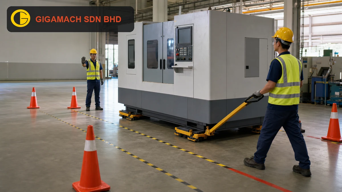 Large CNC machine being positioned on four low-profile machinery skates with a long steering handle, two PPE-equipped workers keeping clear of the machine base, and a marked exclusion route for pinch-point safety education.