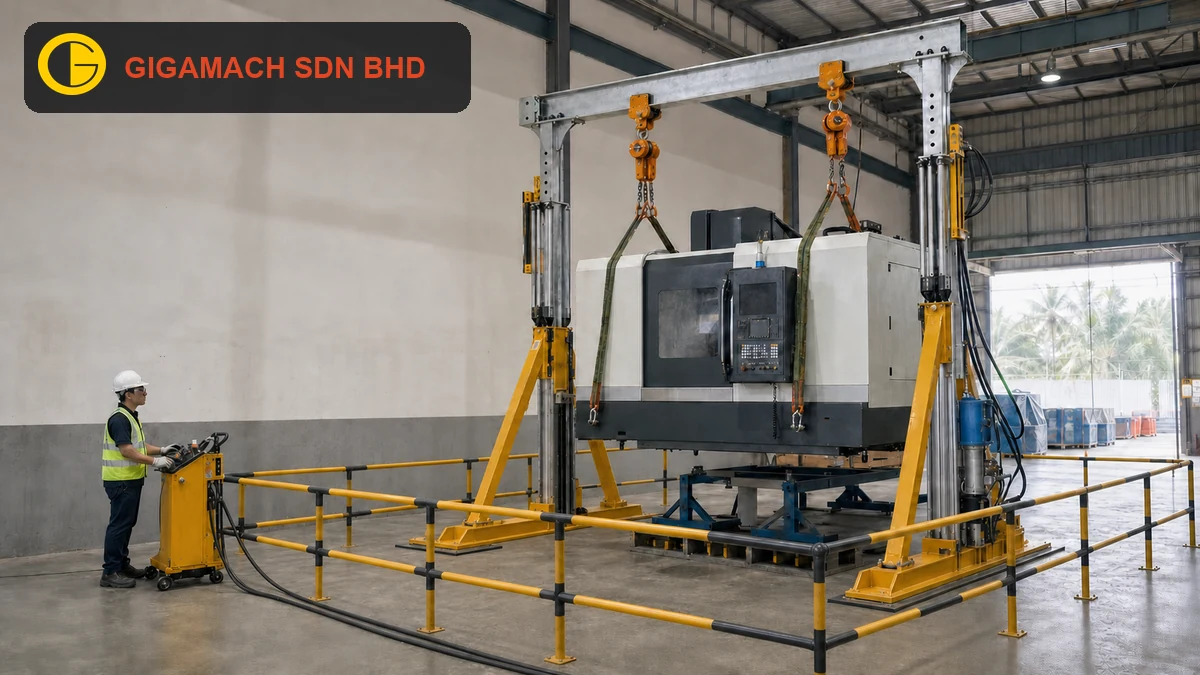Portable hydraulic gantry lifting a level CNC machine above rated support stands, with stationary bases, a rigid exclusion barrier, and a PPE-equipped operator at a remote control station for gantry lifting safety education.