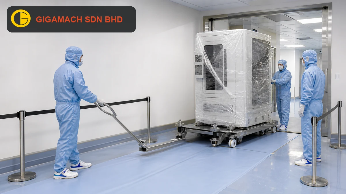 Wrapped precision machine on a clean stainless-steel transfer dolly, with fully gowned technicians, protected cleanroom surfaces, and a controlled exclusion route for cleanroom machinery transfer safety education.