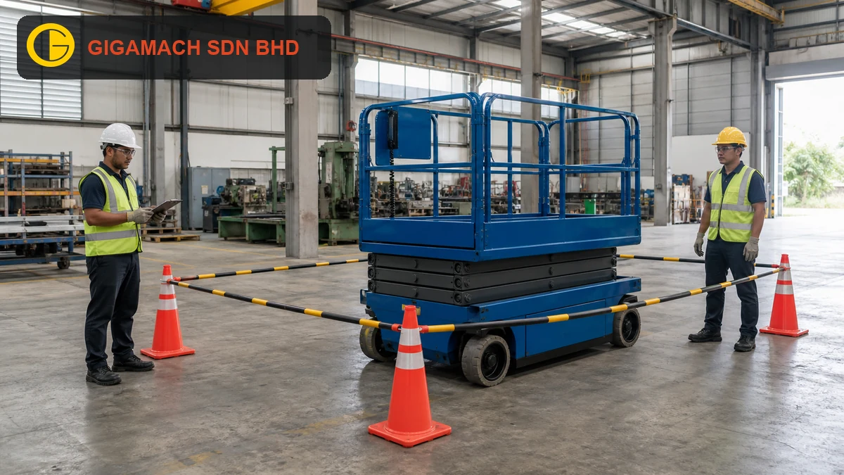 Electric scissor lift fully lowered on a level factory floor, with two PPE-equipped technicians outside a marked exclusion zone checking ground and wheel conditions for scissor lift safety education.