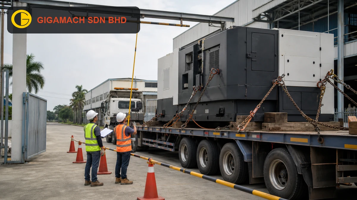 CNC-type industrial machine secured on a stationary low-bed trailer at a factory entrance, with PPE-equipped workers checking overhead clearance from behind a rigid exclusion barrier for transport route planning education.