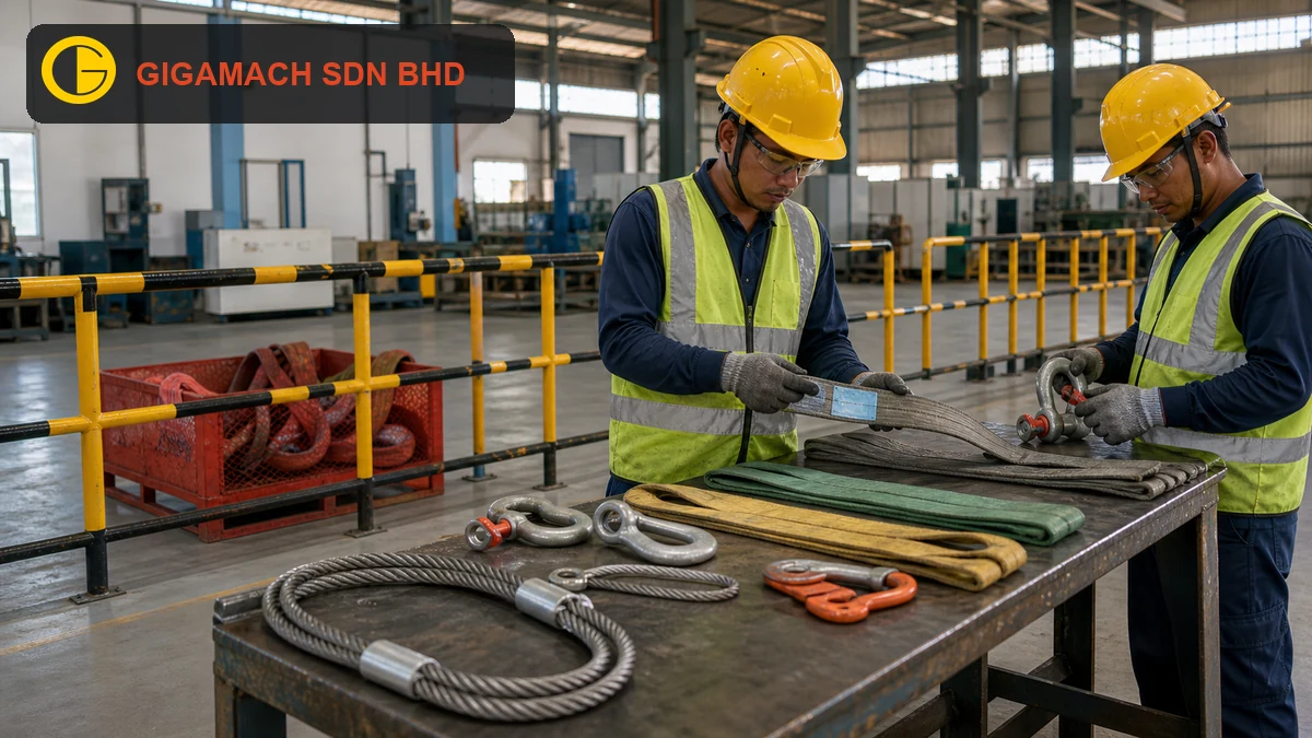 Two PPE-equipped rigging technicians inspecting web slings, a wire-rope sling, shackles, and hooks on a grounded factory bench, with damaged gear isolated behind a rigid exclusion barrier for lifting gear pre-use inspection education.