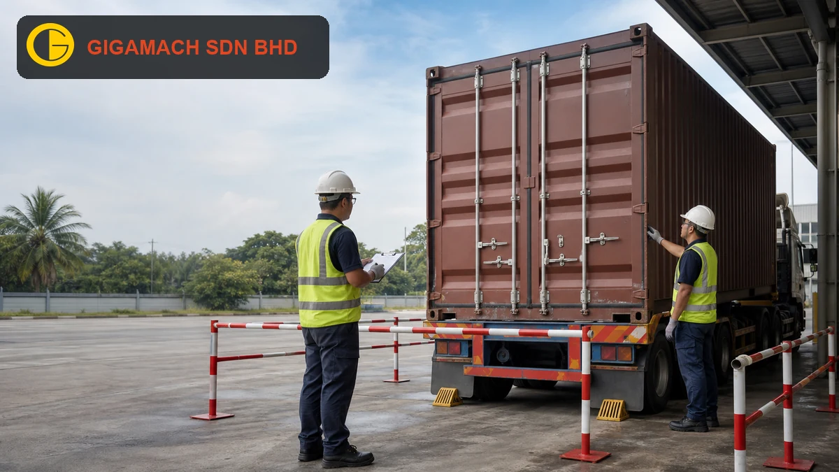 Closed shipping-container doors on a chocked trailer, with two PPE-equipped workers inspecting from safe side positions outside a rigid exclusion zone for pre-opening container safety education.