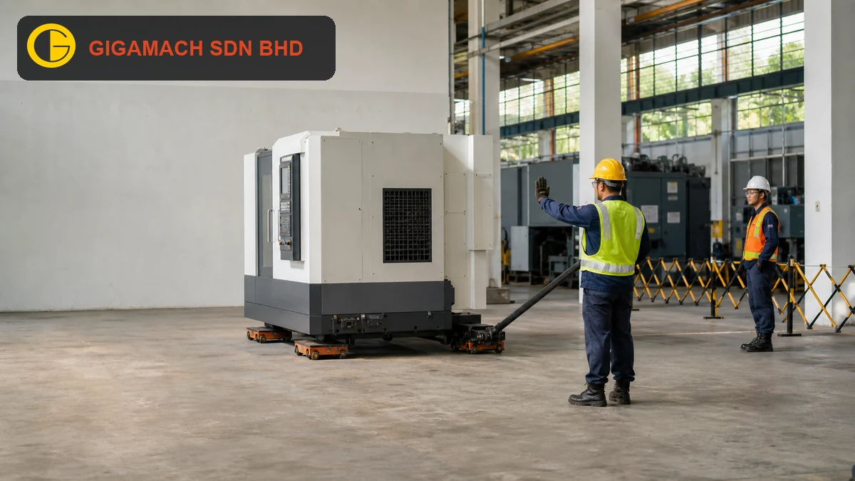Industrial machine relocation with rated handling equipment, PPE-equipped workers, controlled movement, and a clear exclusion zone for safety education.