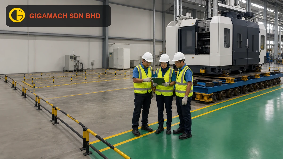 Industrial machine relocation with rated handling equipment, PPE-equipped workers, controlled movement, and a clear exclusion zone for safety education.