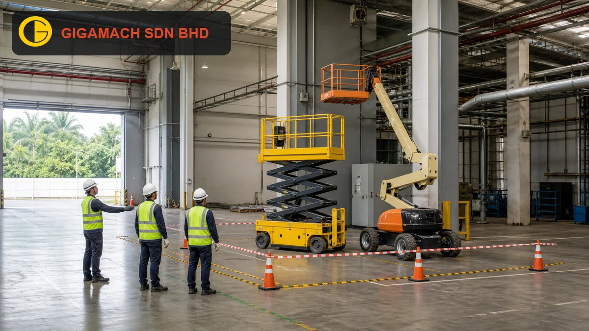 Scissor lift and articulated boom lift partially raised on a level factory floor, with three PPE-equipped workers outside marked exclusion zones comparing vertical access and outreach for aerial work platform selection education.