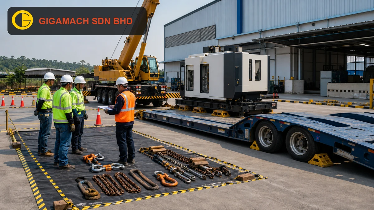 Heavy industrial machinery being safely prepared for transport with rated lifting equipment, secure packing, PPE, and controlled access.