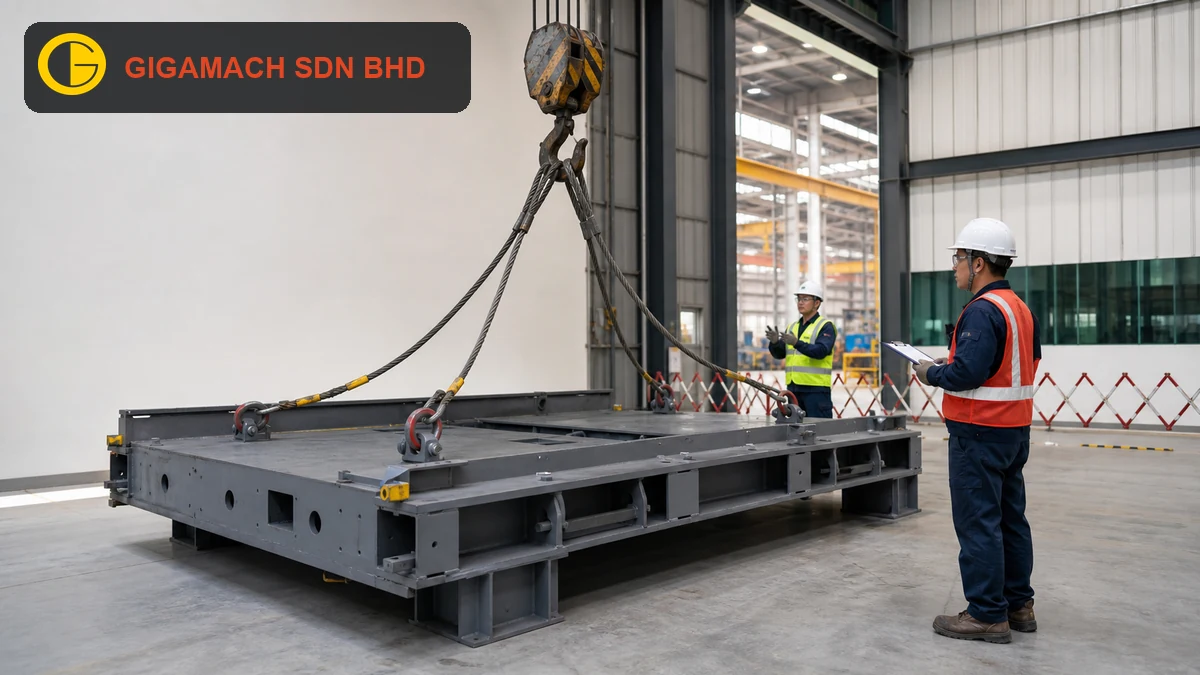 Industrial heavy lifting operation with rated rigging, stable support, PPE-equipped workers, and a controlled exclusion zone for safety education.
