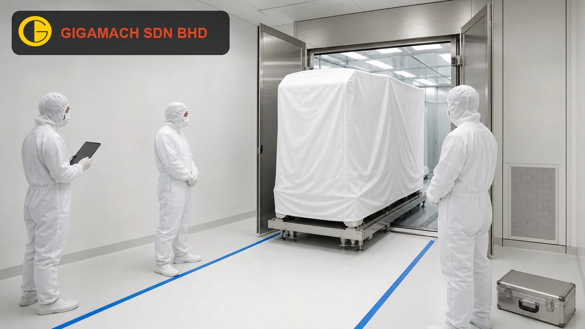 Wrapped precision machine on a clean stainless-steel transfer dolly, with fully gowned technicians, protected cleanroom surfaces, and a controlled exclusion route for cleanroom machinery transfer safety education.