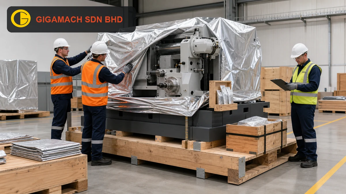 Industrial machine fully grounded on an engineered crate base, with PPE-equipped technicians applying moisture-protection materials and checking safe packing arrangements for transport education.