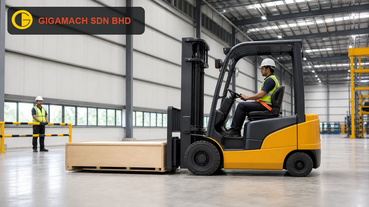 Electric forklift stopped with a long industrial crate supported low on both forks, a belted operator in the cab, and a PPE spotter behind a rigid barrier for forklift load-centre safety education.