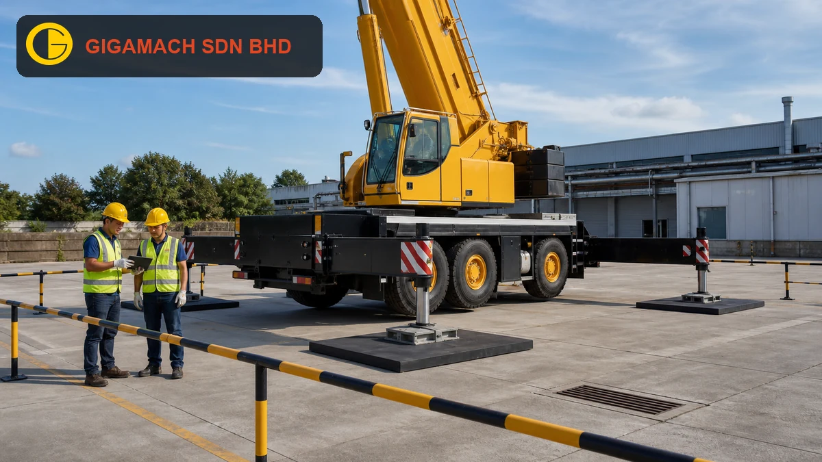 Mobile crane fully supported on engineered outrigger mats in a factory yard, with PPE-equipped personnel outside a controlled exclusion zone for crane ground-support safety education.