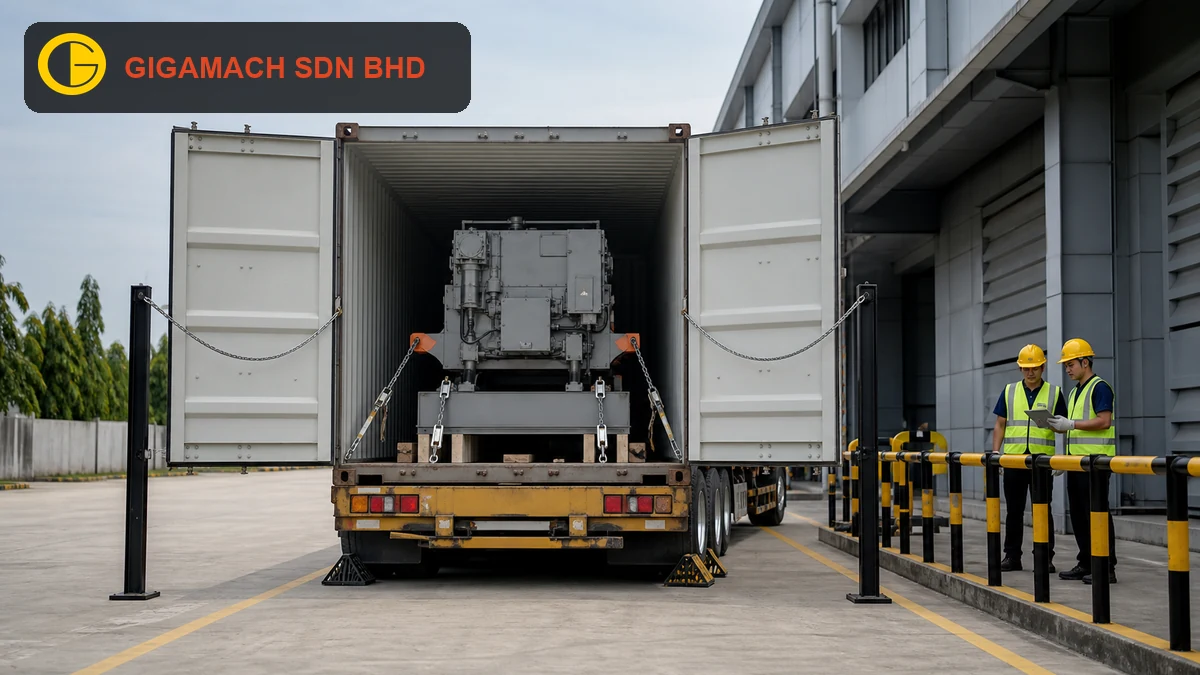 Heavy industrial machinery being safely prepared for transport with rated lifting equipment, secure packing, PPE, and controlled access.