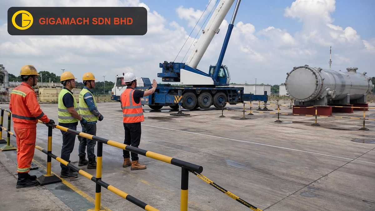 Lifting supervisor briefing a crane operator, rigger, and designated signalman behind a controlled barrier, with an idle crane and grounded load in the background for lifting-team safety education.