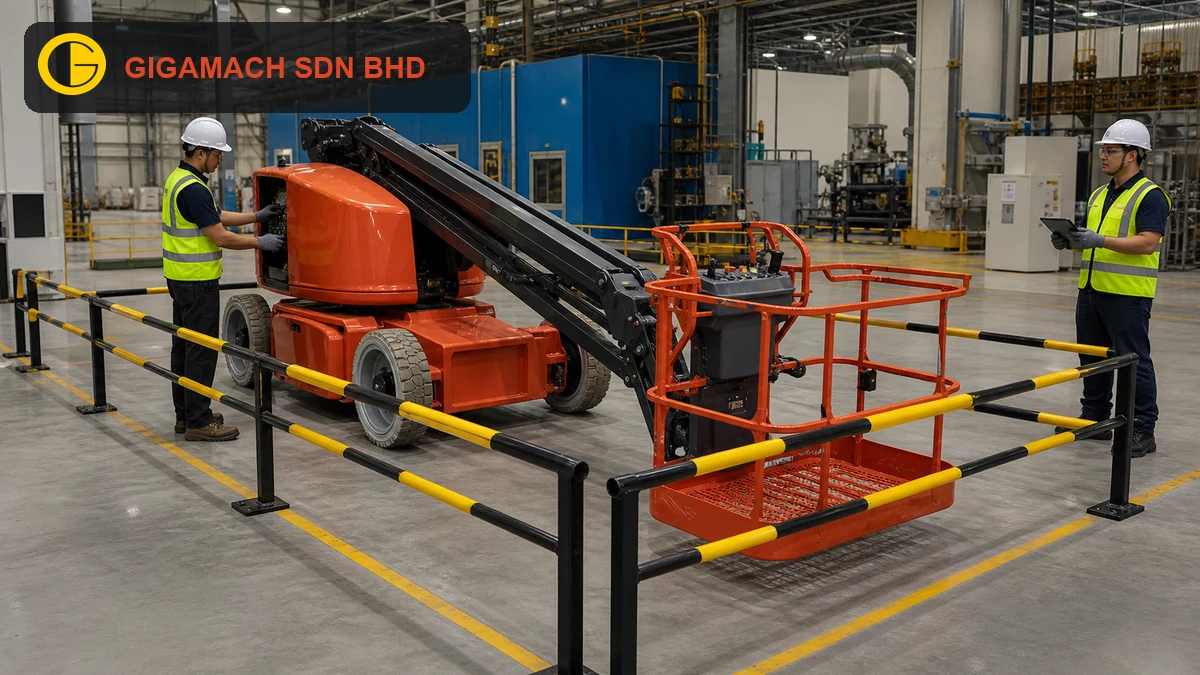 Electric scissor lift fully lowered on a level factory floor, with two PPE-equipped technicians outside a marked exclusion zone checking ground and wheel conditions for scissor lift safety education.