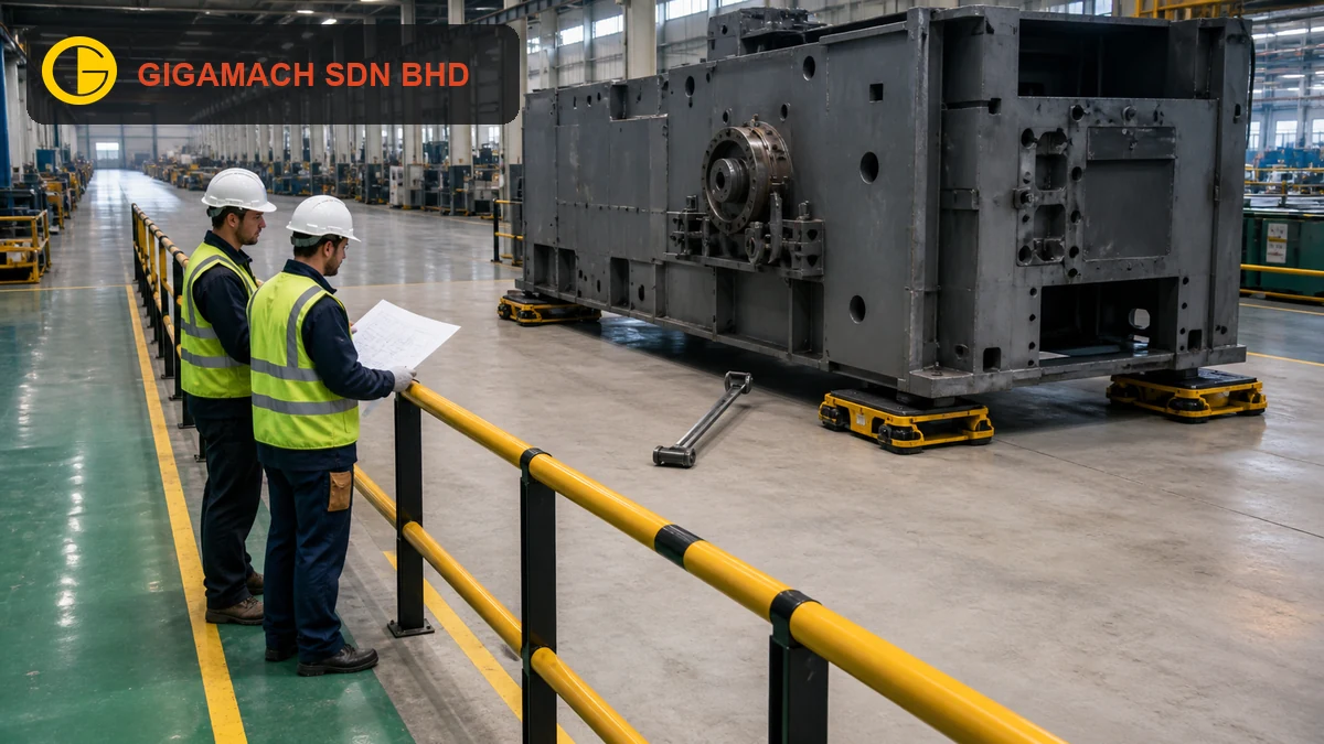 Industrial machine relocation with rated handling equipment, PPE-equipped workers, controlled movement, and a clear exclusion zone for safety education.