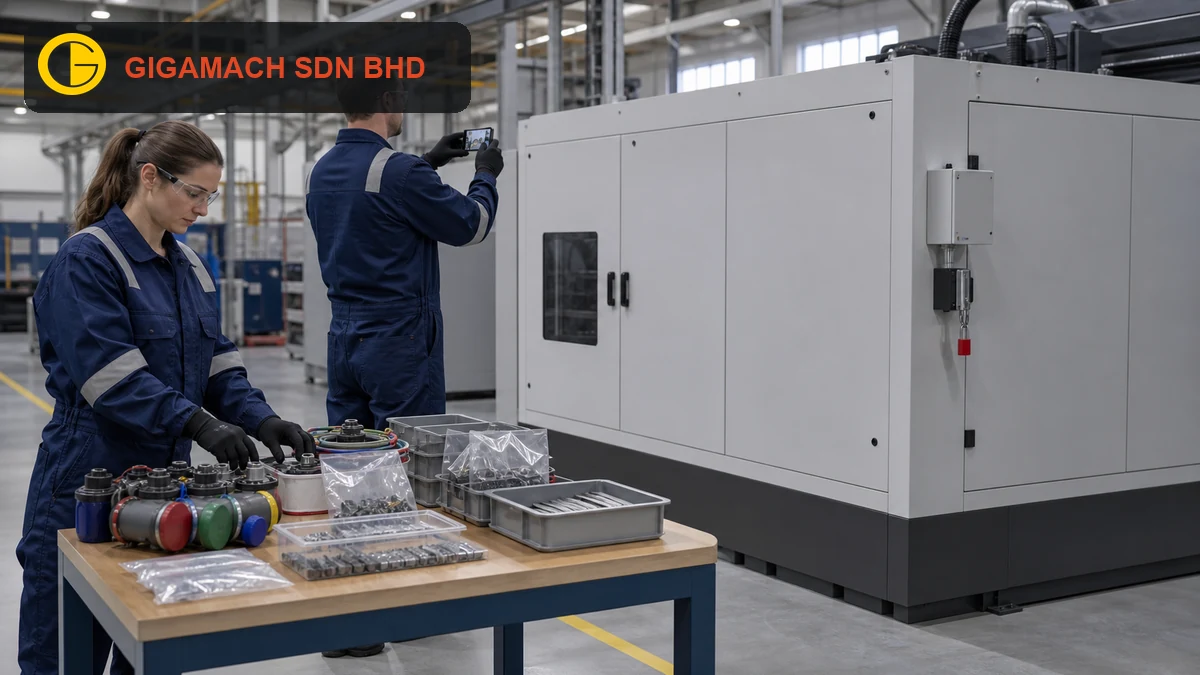 Powered-down CNC machine with open service panels, capped hoses, protected components on a padded trolley, and PPE-equipped technicians documenting connections for safe dismantling and reassembly planning.