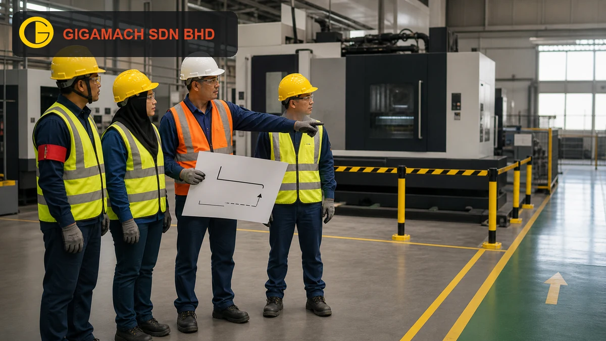 Industrial heavy lifting operation with rated rigging, stable support, PPE-equipped workers, and a controlled exclusion zone for safety education.