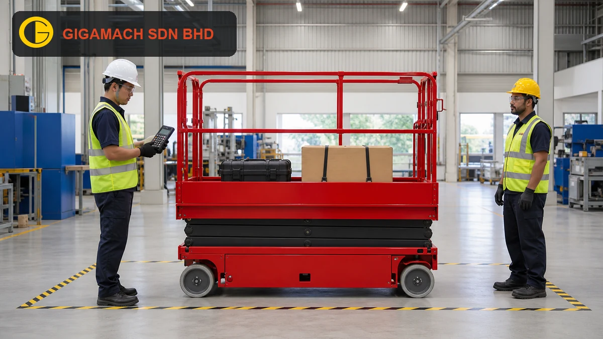 Electric scissor lift fully lowered on a level factory floor, with two PPE-equipped technicians outside a marked exclusion zone checking ground and wheel conditions for scissor lift safety education.
