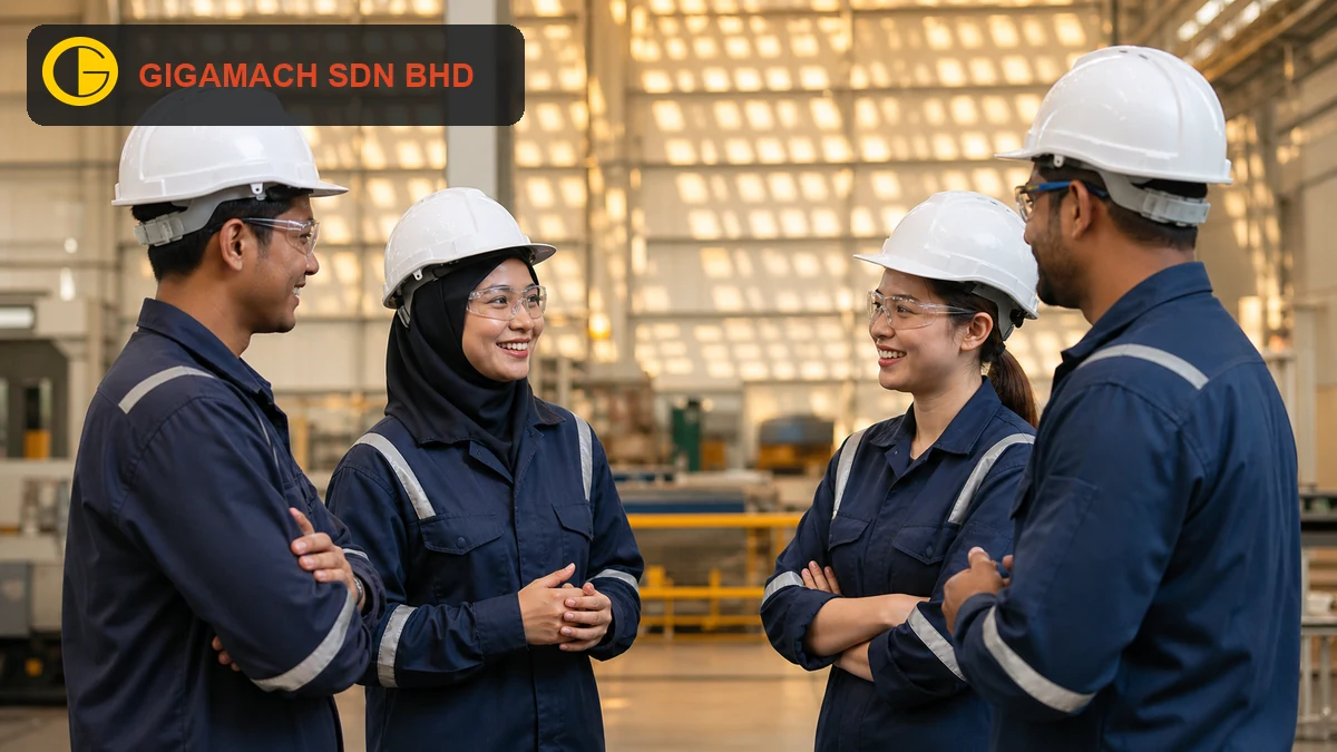 Industrial heavy lifting operation with rated rigging, stable support, PPE-equipped workers, and a controlled exclusion zone for safety education.