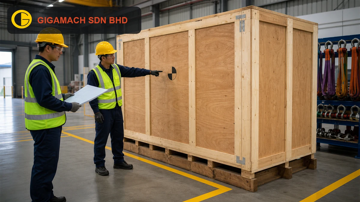 Industrial machine relocation with rated handling equipment, PPE-equipped workers, controlled movement, and a clear exclusion zone for safety education.