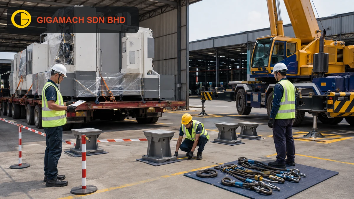 Large industrial machine secured on a stationary flatbed trailer, with PPE-equipped workers preparing engineered landing supports, a clear route, and a controlled exclusion zone for machine unloading safety education.