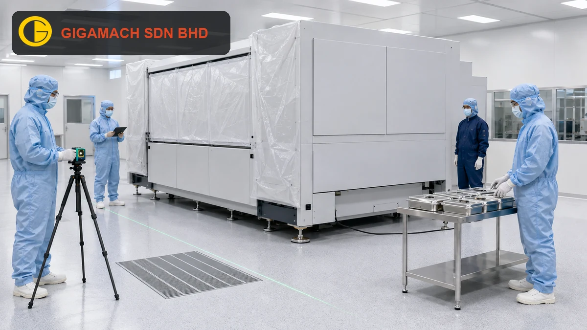 Wrapped precision machine in a cleanroom with fully gowned technicians checking positioning, covers and the controlled work area for cleanroom machinery installation education.